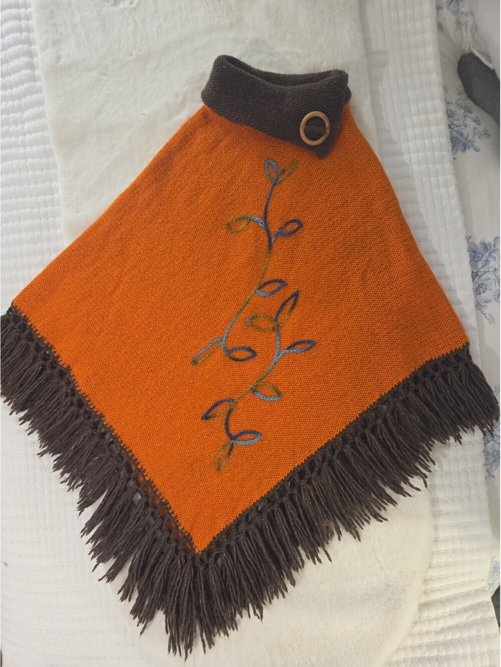 Orange Wool Knitt Poncho Brown Fringe Hem Collar Blue Embroidery Fall Halloween